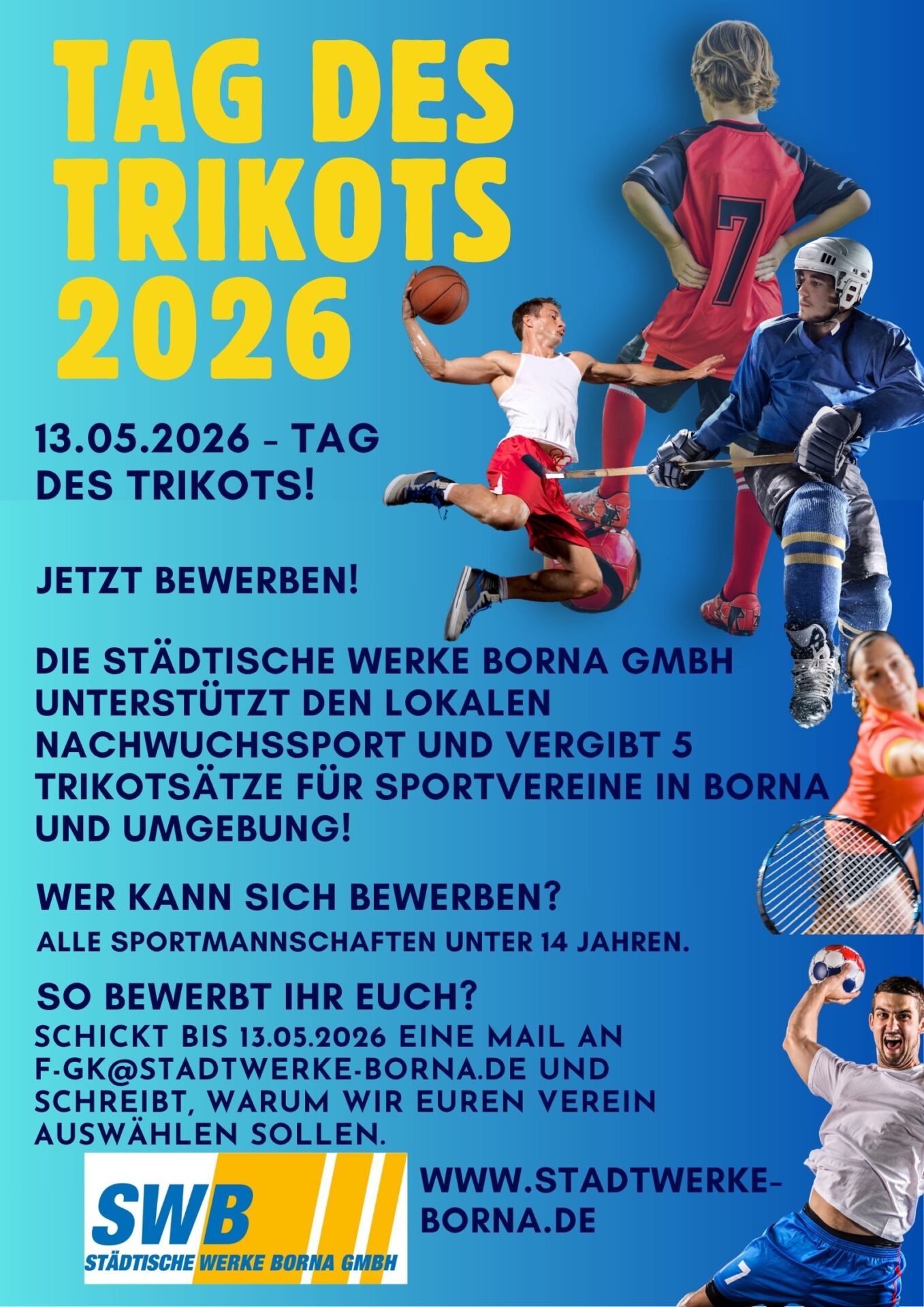 Werbeplakat für den Tag des Trikots 2026 mit sporttreibenden Kindern und Informationen zur Bewerbung für eine Trikotverlosung in Borna, Deutschland.